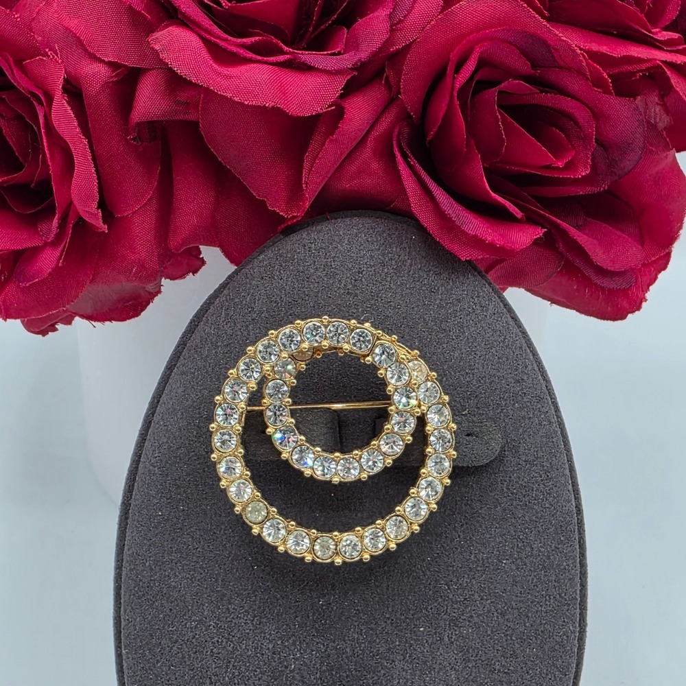 Vintage S.A.L.‎ Rhinestone Circle Brooch Gold Tone Double Ring Mid Century